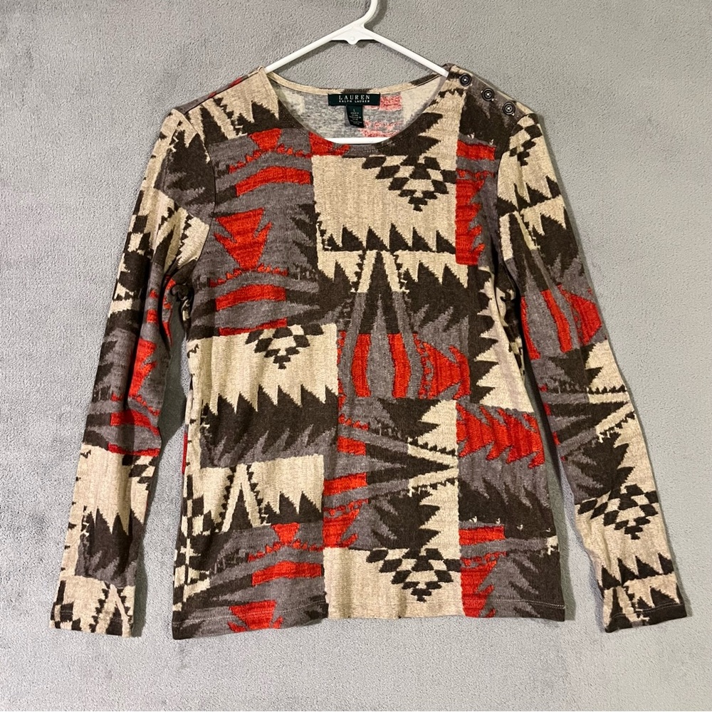 Lauren Ralph Lauren Southwestern Aztec Shirt Red Brown Beige Womens Large